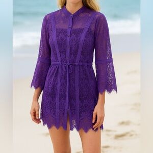Colleen Lopez Purple Lace Long Sleeve Kimono Size Petite Medium Beach Summer